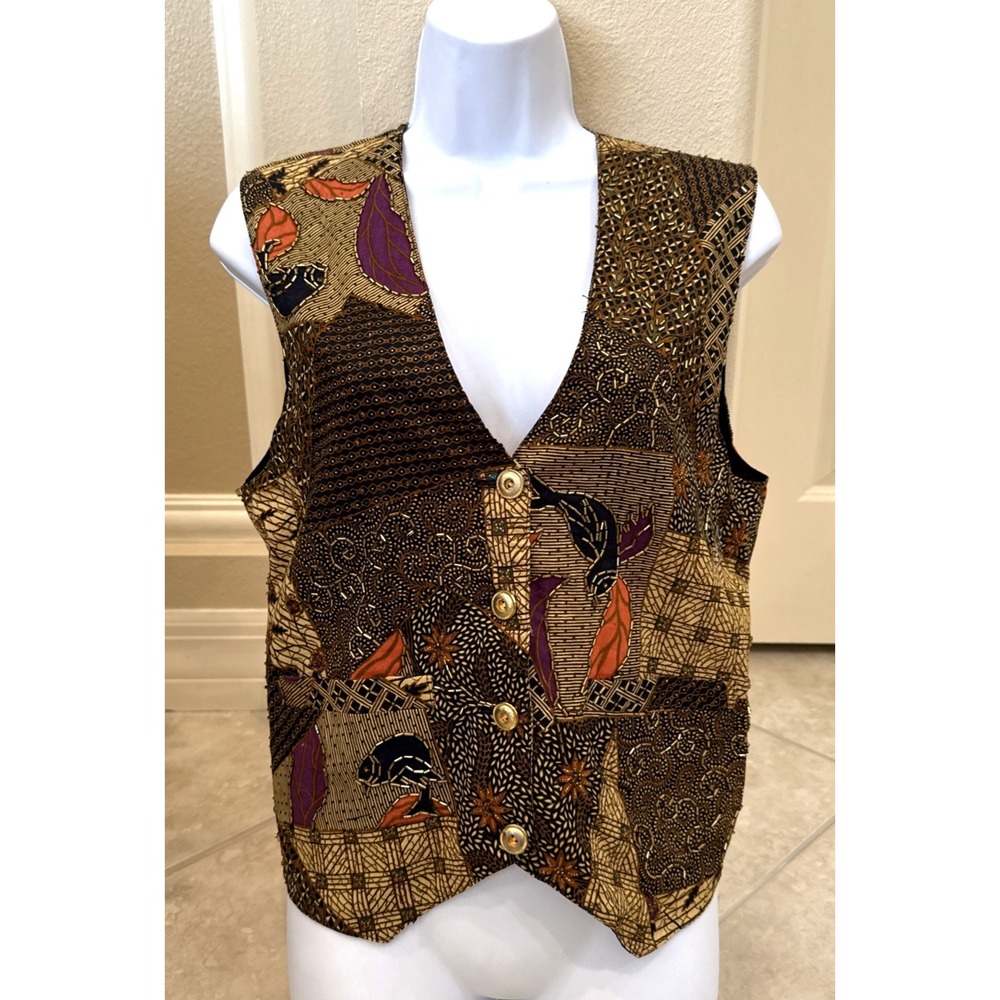 VTG Effeci Vest Beaded Gold Brown Floral V-Neck Women's M Pockets Art Retro‎